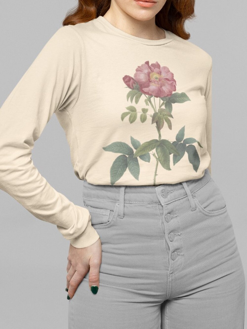 Rose Vintage Floral Print Long Sleeve Graphic Tee T-shirt S-XXL